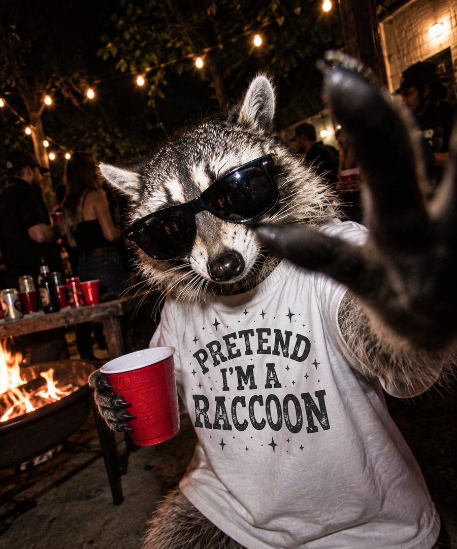 Raccoon wearing a Bopolyo t-shirt in a city at night