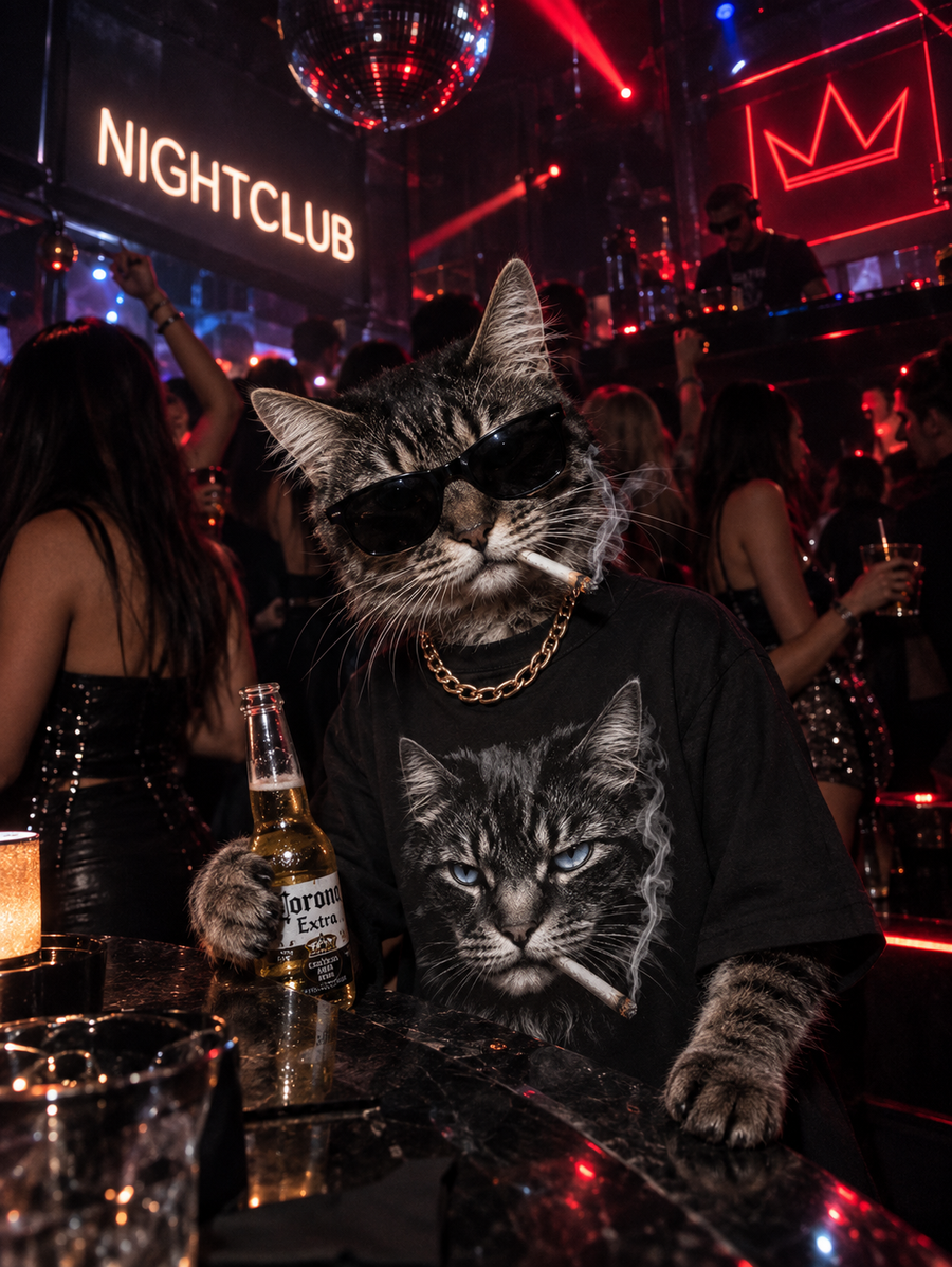 Cat wearing a Bopolyo t-shirt on an urban rooftop