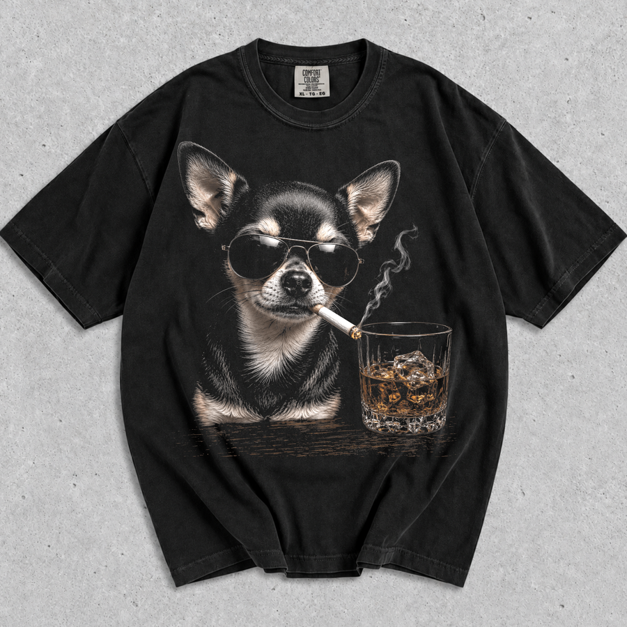 Chihuahua  Smoking Cigarette Whisky Lover Funny Dog T‑Shirt