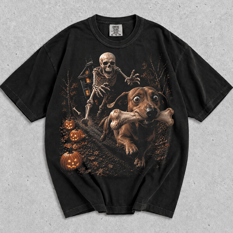 Dachshund with Skeleton Bone Halloween Dog T-shirt