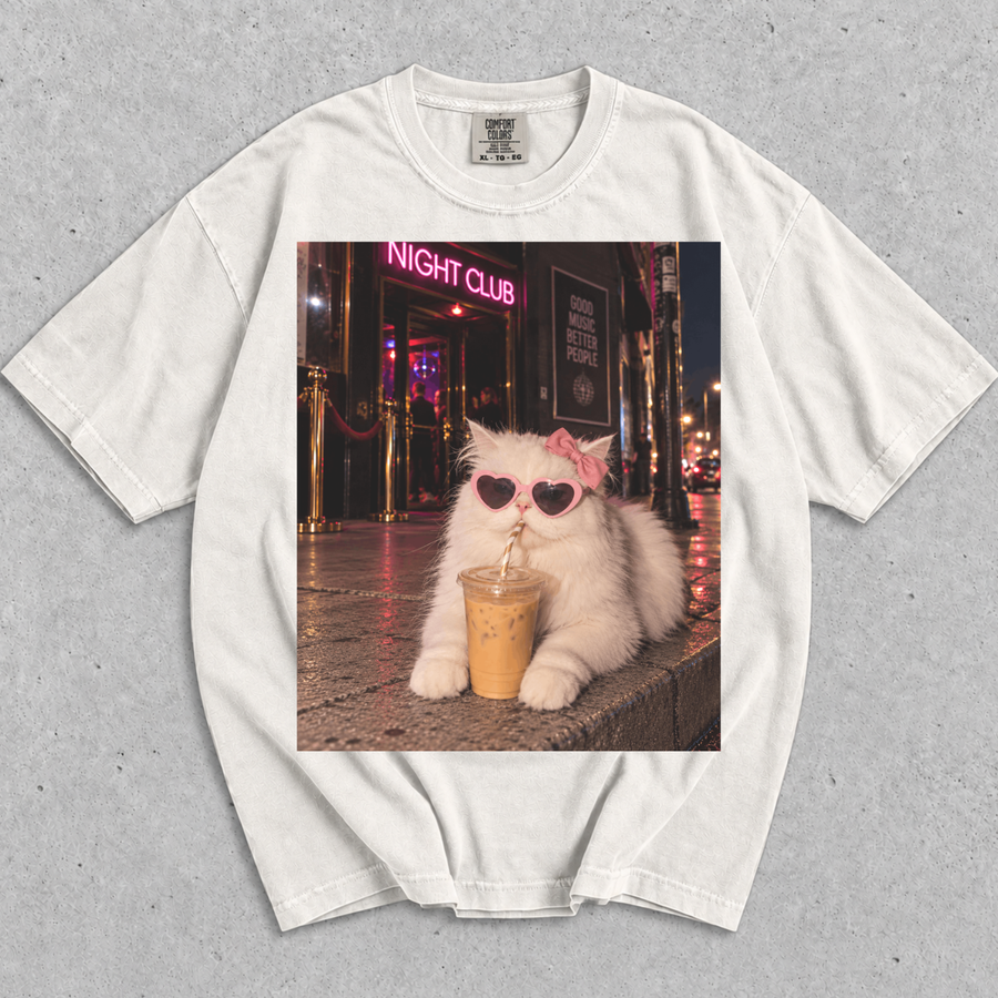 Cute Nightlife Kitty Drinking Iced Coffee Shirt