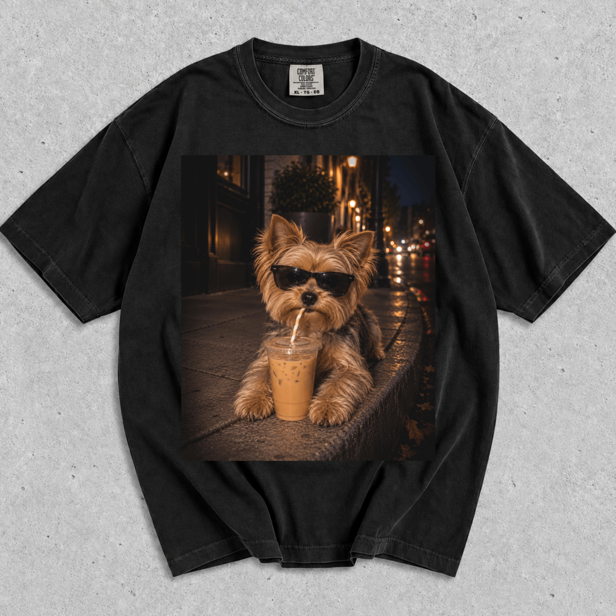 Cute Dog Drinking Iced Coffee Graphic T-Shirt