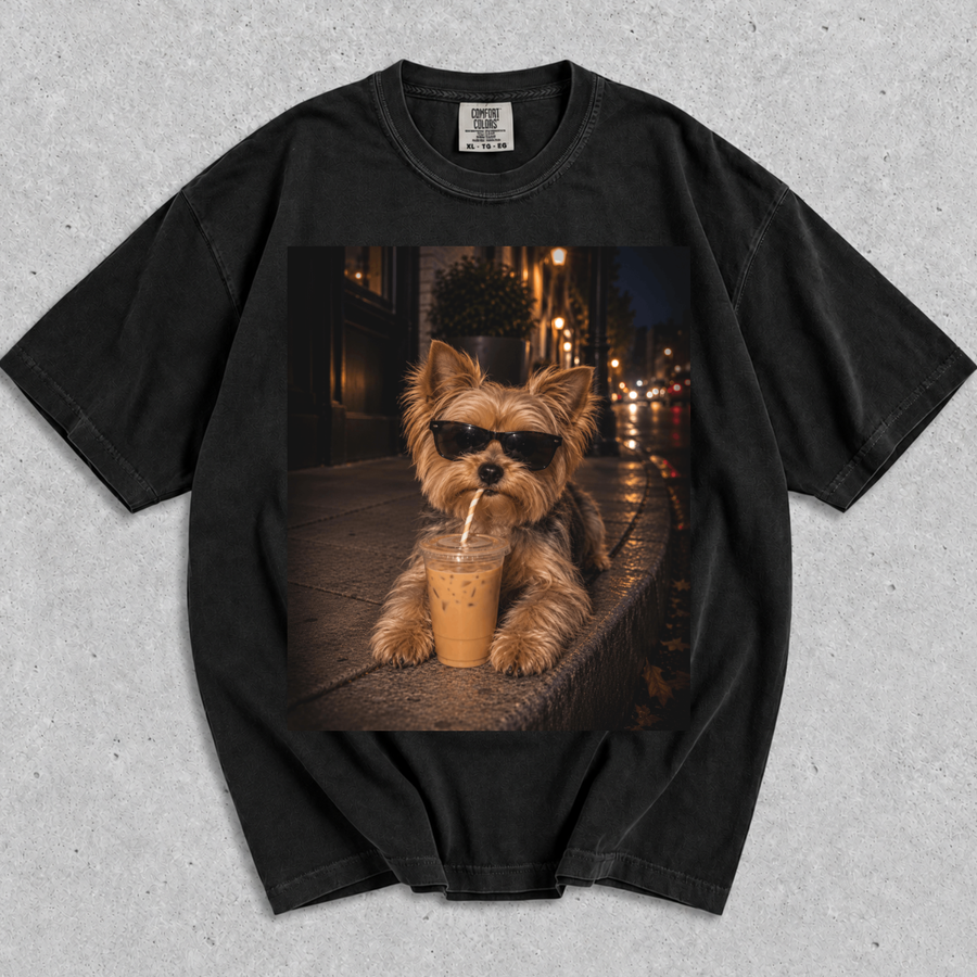 Cute Dog Drinking Iced Coffee Graphic T-Shirt