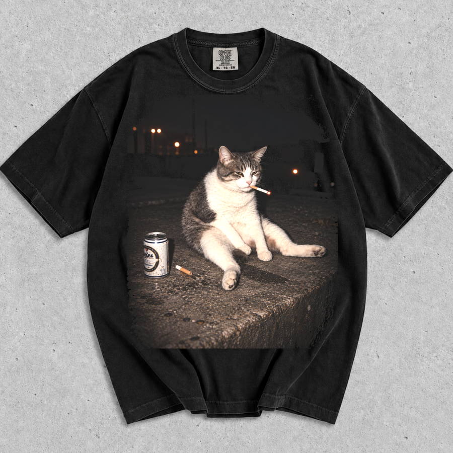 Drunk Cat Shirt — Chill Cat Sitting with Beer Graphic