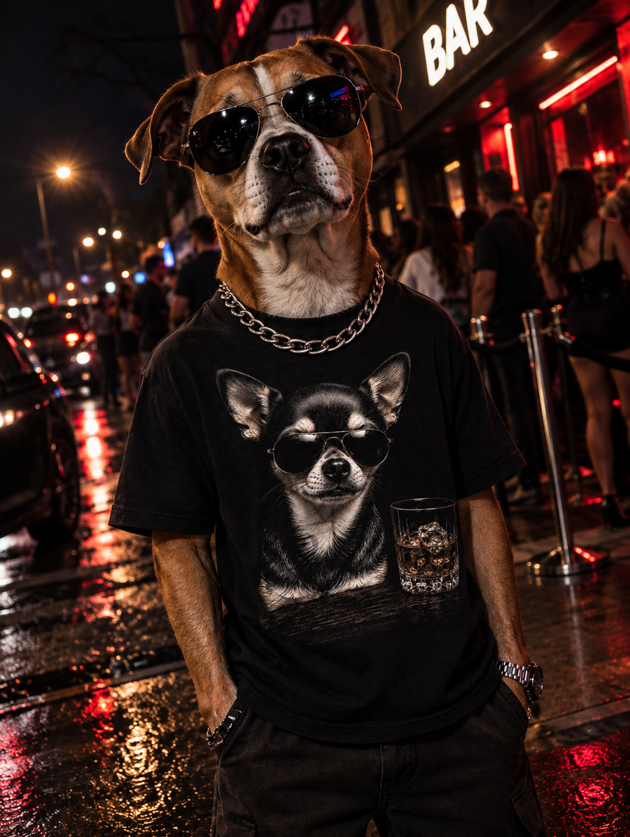 Dog wearing a Bopolyo t-shirt on a city street