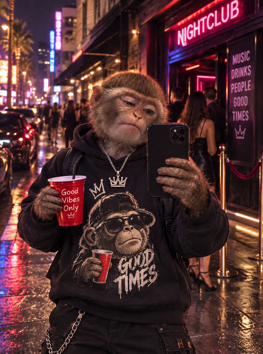 Monkey wearing a Bopolyo t-shirt in the city at night