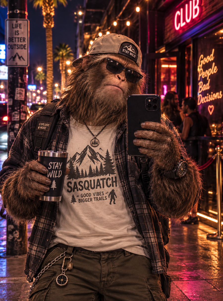 Bigfoot wearing a Bopolyo t-shirt in a misty city landscape